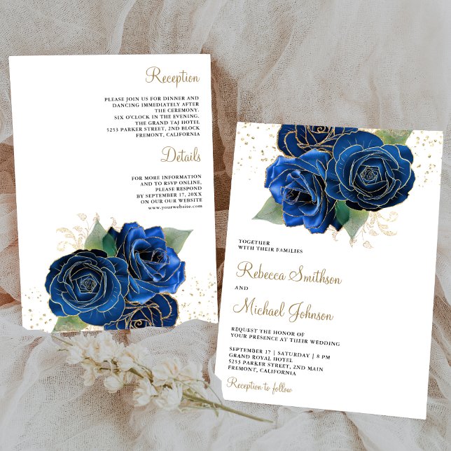 Gold Royal Blue Floral All in One Wedding Einladung (Von Creator hochgeladen)