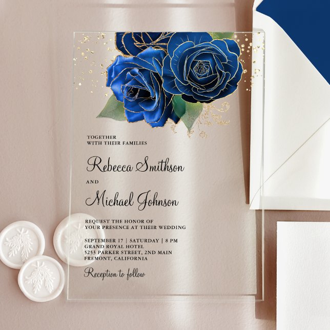 Gold Royal Blue Floral Wedding Acryleinladungen (Von Creator hochgeladen)