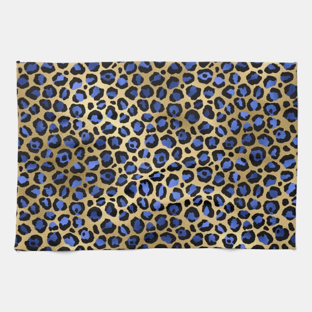 Gold & Royal Blue Glam Leopard Spots drucken Geschirrtuch (Horizontal)