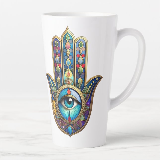Gold Royal Blue Hamsa w/ Turquoise Third Eye Milchtasse (Rechts)