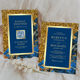 Gold Royal Blue Marble QR Code Wedding Einladung