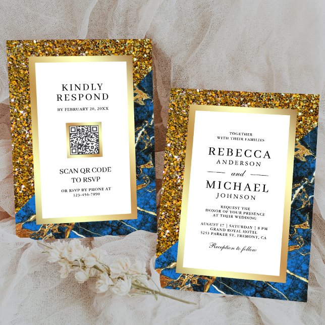 Gold Royal Blue Marble QR Code White Wedding Einladung (Von Creator hochgeladen)