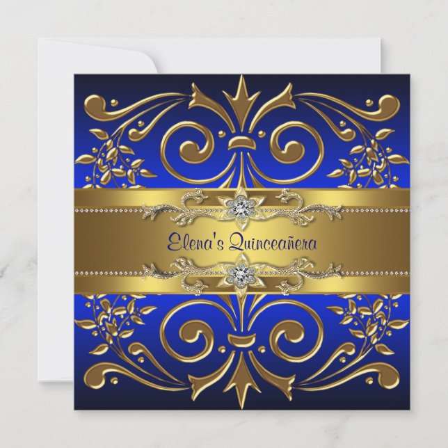 Gold Royal Blue Quinceanera Einladung (Vorderseite)