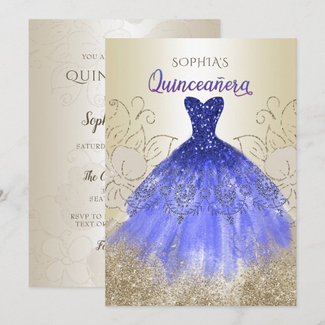 Gold Royal Blue Sparky Dress Quinceañera Einladung (Vorne/Hinten)