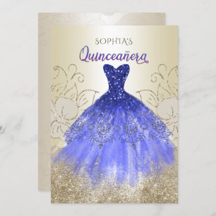 Gold Royal Blue Sparky Dress Quinceañera Einladung