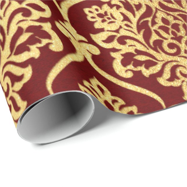 Gold Royal Damask Floral Maroon Burgundy Luxury Geschenkpapier (Rolleneckpunkt)
