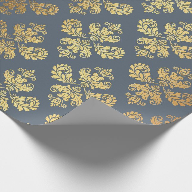 Gold Royal Damask Floral Ornament Blue Gray Baroqu Geschenkpapier (Ecke)
