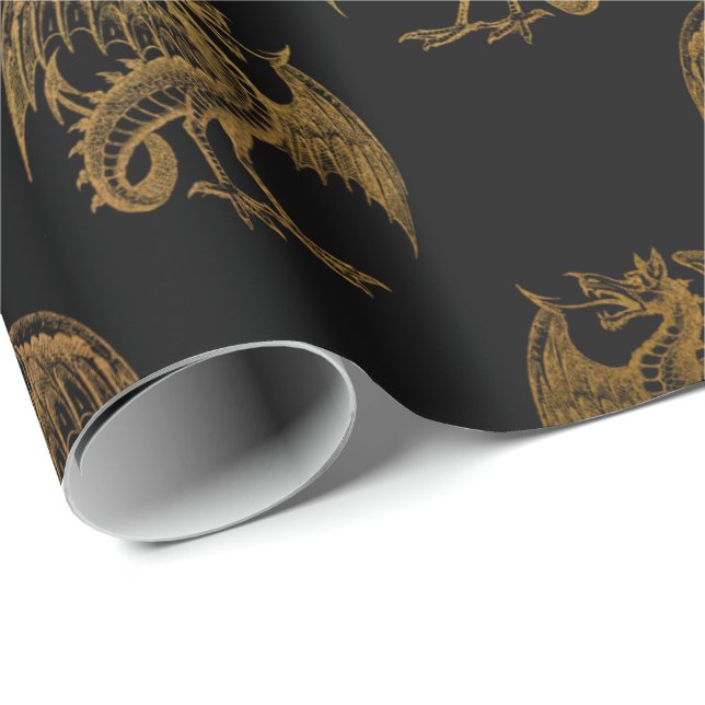 Gold Royal Dragon King Crown Black Noir Heraldic Geschenkpapier (Rolleneckpunkt)