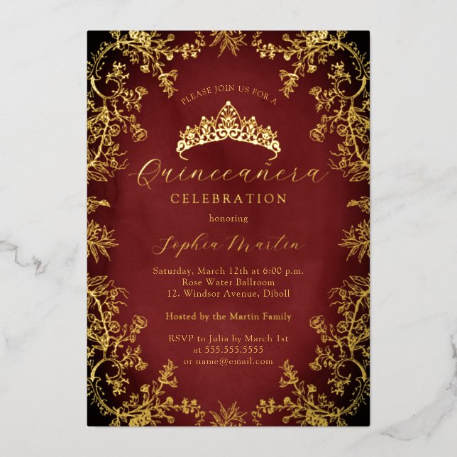 Gold Royal Red Elegant Vintag Quinceanera Folieneinladung (Vorderseite)