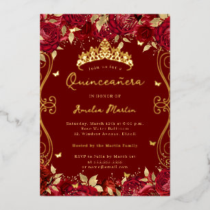 Gold Ruby Red Swirl Scroll Floral Quinceanera Folieneinladung