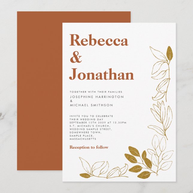 Gold Rust Leaf Terracotta Hochzeit Einladung (Vorne/Hinten)