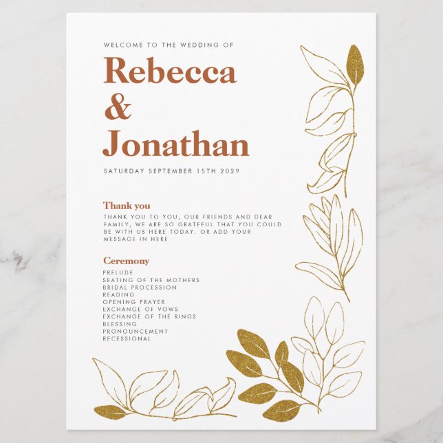 Gold Rust Leaf Terracotta Wedding Program Card Programm (Vorderseite)