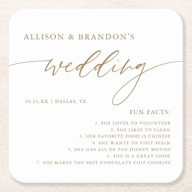 Gold Rustic Elegante Wedding Fun Fakten Napkins Rechteckiger Pappuntersetzer (Vorderseite)