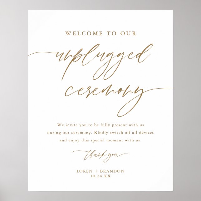 Gold Rustic Unplugged Wedding Zeremony Sign Poster (Vorne)