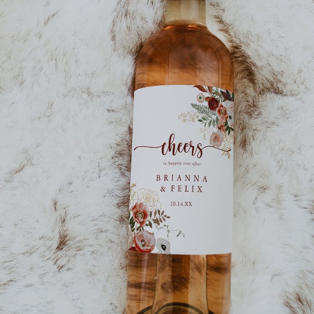 Gold Rustikale farbenfrohe Blumenzauber Hochzeit Weinetikett (Von Creator hochgeladen)