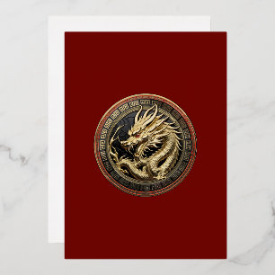 Gold Sacro Eastern Dragon Medallion auf Red Velvet Folieneinladung