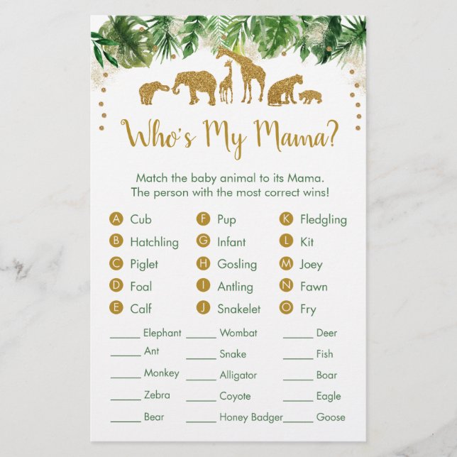 Gold Safari Animal Baby Match Game (Vorderseite)
