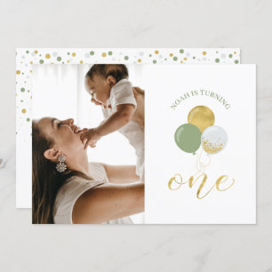 Gold & Sage Balloons Junge 1. Geburtstag Party Einladung