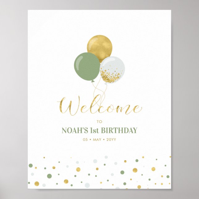 Gold & Sage Balloons Junge 1. Geburtstag Willkomme Poster (Vorne)