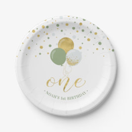 Gold & Sage Confetti Balloons 1. Geburtstag Party Pappteller