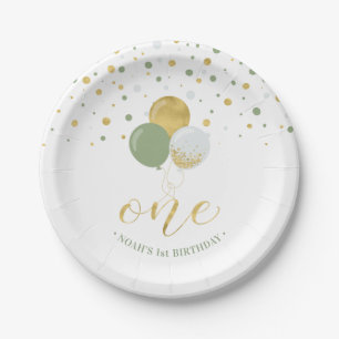 Gold & Sage Confetti Balloons 1. Geburtstag Party Pappteller