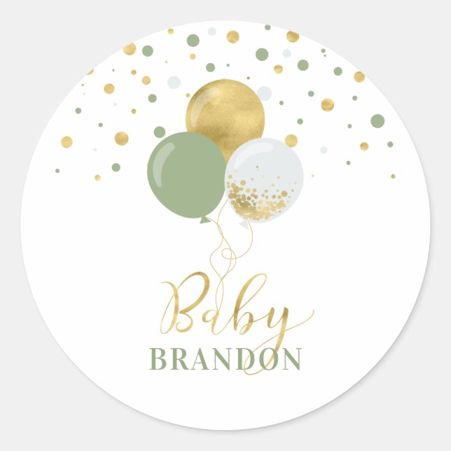 Gold & Sage Green Balloons | Baby Name Party Runder Aufkleber (Vorderseite)