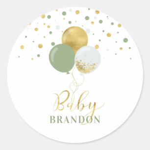 Gold & Sage Green Balloons   Baby Name Party Runder Aufkleber