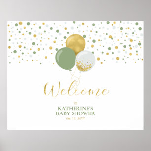 Gold & Sage Green Balloons   Babydusche Begrüßung Poster