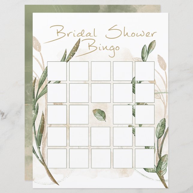 Gold Sage Green Floral Brautparty Bingo (Vorne/Hinten)