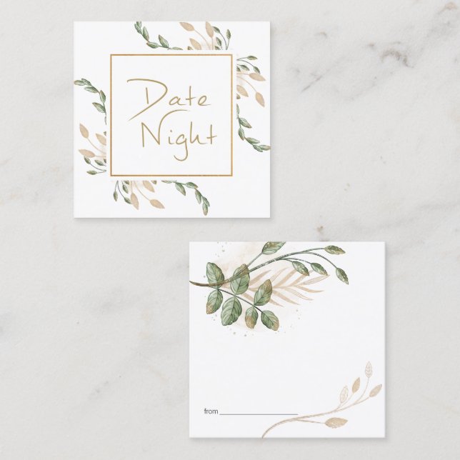 Gold Sage Green Floral Date Night Card Quadratische Visitenkarte (Vorne/Hinten)