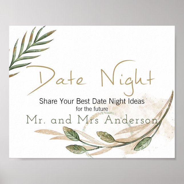 Gold Sage Green Floral Date Night Sign Poster (Vorne)
