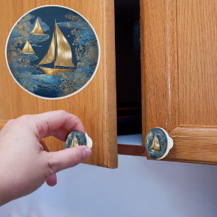 Gold Sailboote auf blauem Meer Keramikknauf