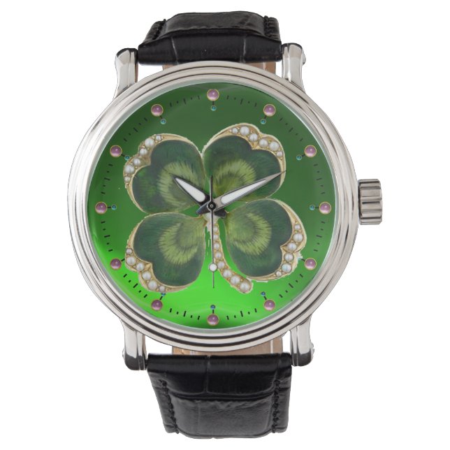 Gold Saint Patrick Kleeblatt Jewel mit Perlen Armbanduhr (Vorderseite)