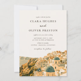 Gold Santorini Caldera Dorf Wasserfarbe Hochzeit Einladung