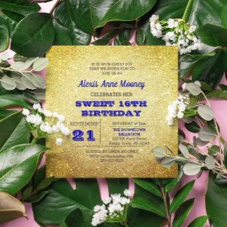 Gold & Sapphire Blue Funkelnd Sweet 16 Einladung