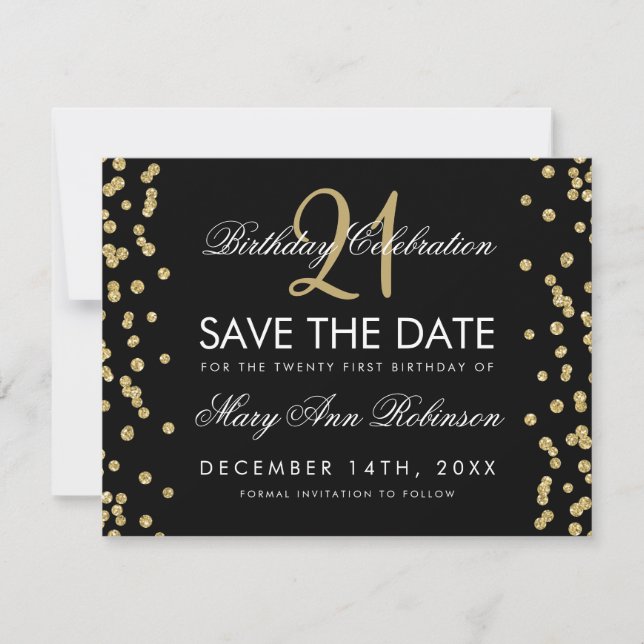 Gold Save the Date 21. Geburtstag Confetti Black (Vorderseite)