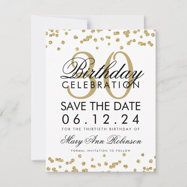 Gold Save the Date 30. Geburtstag Confetti (Vorderseite)