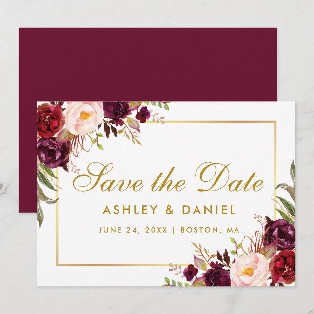 Gold Save the Date Floral Burgundy BB (Vorne/Hinten)