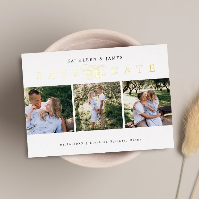 Gold Save the Date FotoCollage Folieneinladung (Gold Save The Date Photo Collage Foil Invitation)