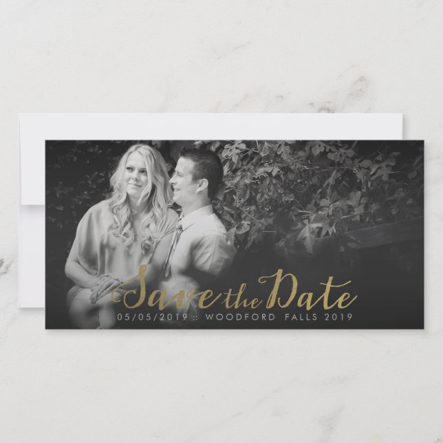 Gold Save the Date Script Overlay Foto Cards (Vorderseite)