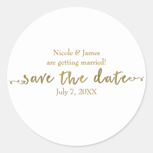 Gold Save the Date Script Personalisiert Runder Aufkleber (Vorderseite)