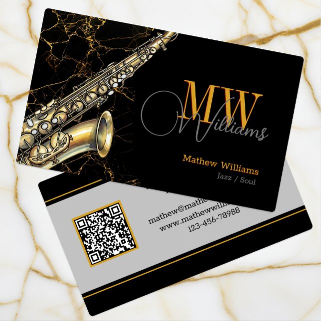 Gold Saxophone Jazz, Black & QR Code, Monogramm Visitenkarte (Saxophone, Monogrammed, Musician Business Card)