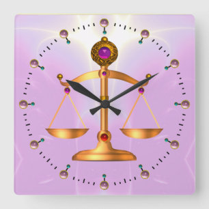 GOLD SCALES OF LAW WITH GEM STONES ,Justice Symbol Quadratische Wanduhr