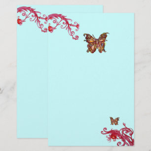 GOLD SCHALTFLY UND RED BERRIES Aquamarin Blau Briefpapier