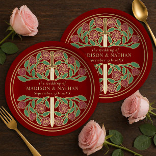 Gold-Scharlach-Rot-Royal-Mittelalter-Blumen-Schwer Pappteller