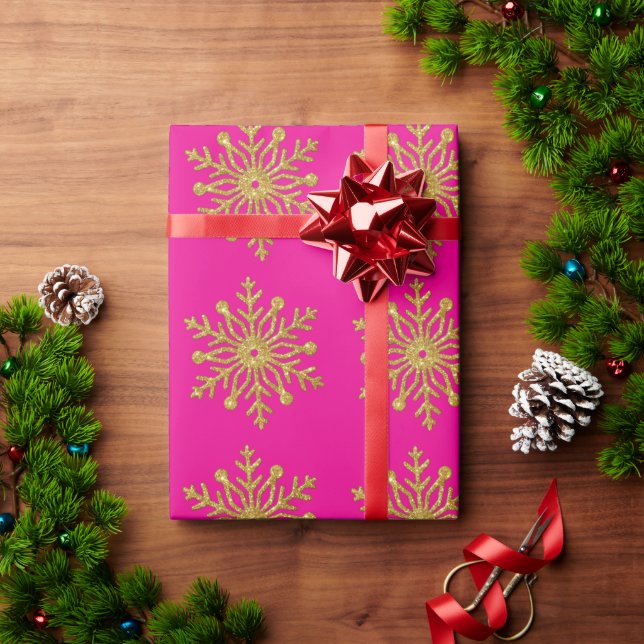 Gold-Schneeflocken-Heißrosa-Geschenkpapier Geschenkpapier (Feiertagsgeschenk)