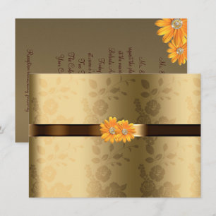 Gold & Schokoladenbraun, gelbe Blumen Hochzeit Einladung