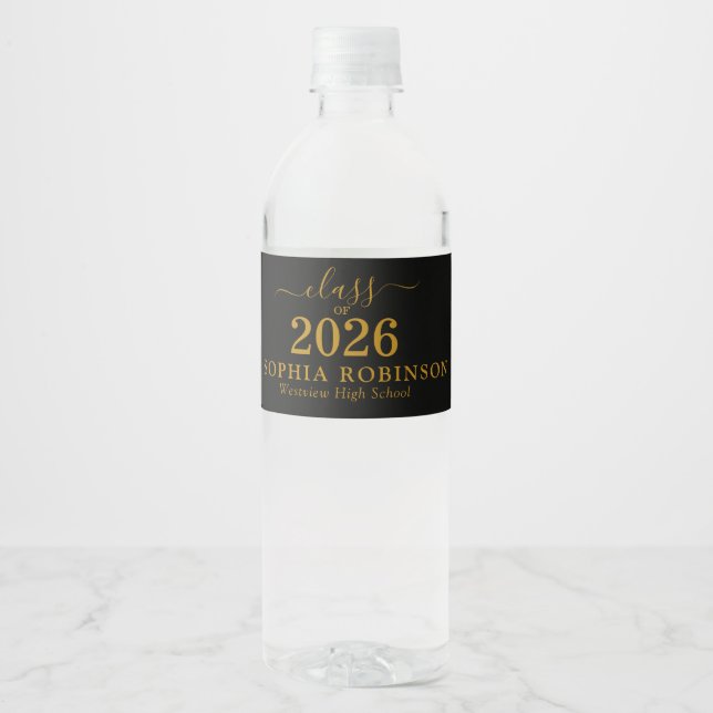 Gold Schrift Abiturfeier Abschlussklasse 2026 Wasserflaschenetikett (Vorderseite)