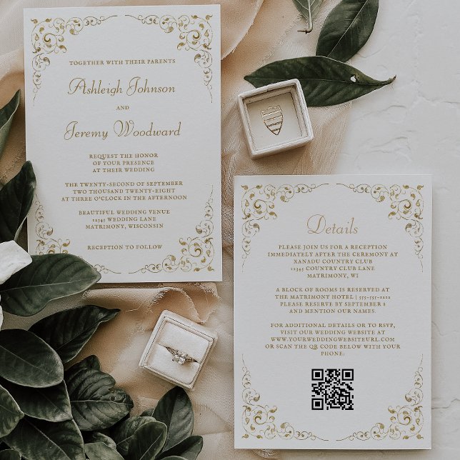 Gold Schrift Botanischer Rahmen QR Code Einladung (Von Creator hochgeladen)