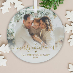 Gold Schrift Elegante Familienfoto Frohe Weihnacht Ornament Aus Glas